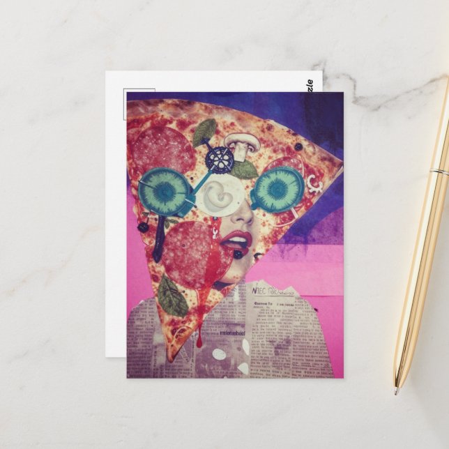 En rolig mixed media-kollage med pizzansikte vykort (Fram/Back In Situ)