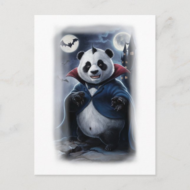 En rolig Panda Dracula på en vit Helg Vykort (Framsida)