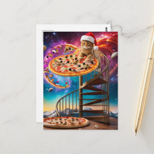 En rolig surrealistisk tomtehatt julpizza katt vykort