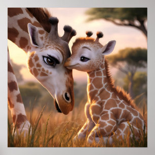 En rörande giraffmoment: Mor och unge kramas Poster