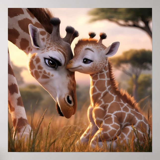 En rörande giraffmoment: Mor och unge kramas Poster (Framsidan)