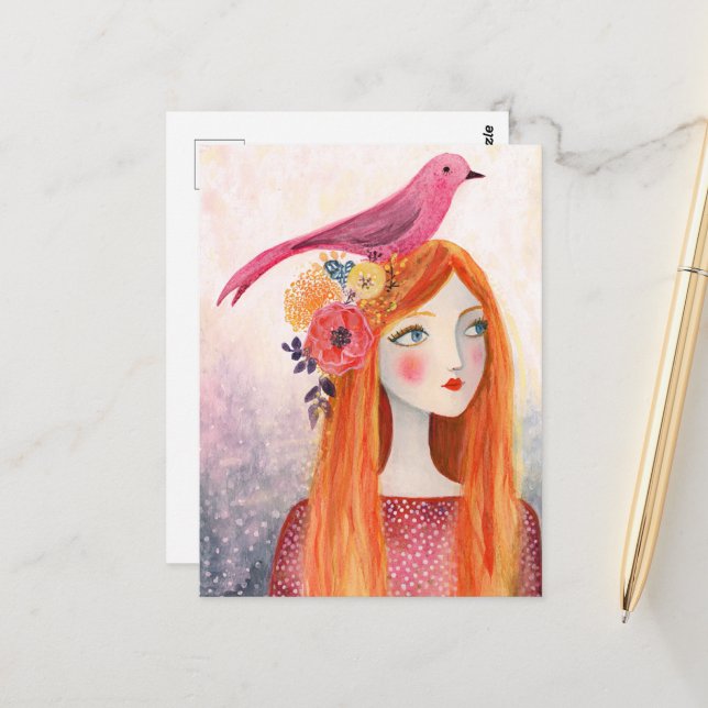 En Rosa Bird i hennes hår Vykort (Fram/Back In Situ)