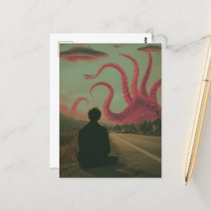 En rosa bläckfisk och UFO:s surreala AI-genererade Vykort