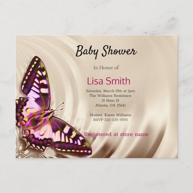 En rosa butterfly på en gräddsäcksbakgrund inbjudan vykort (Framsida)