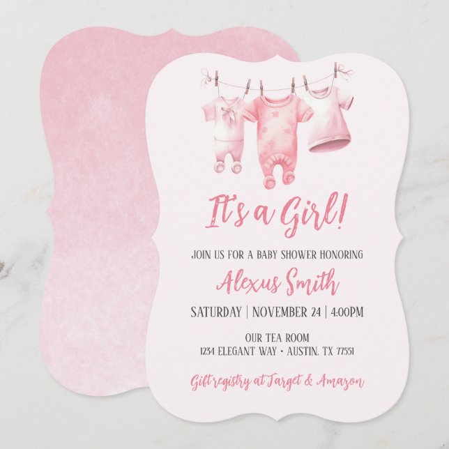 En Rosa Clothesline Girly Baby Shower Inbjudningar (Fram/baksida)