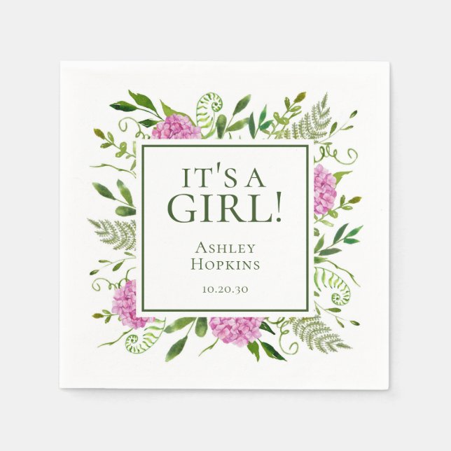 En Rosa Hydrangeas Girl Baby Shower Pappersservett (Framsidan)