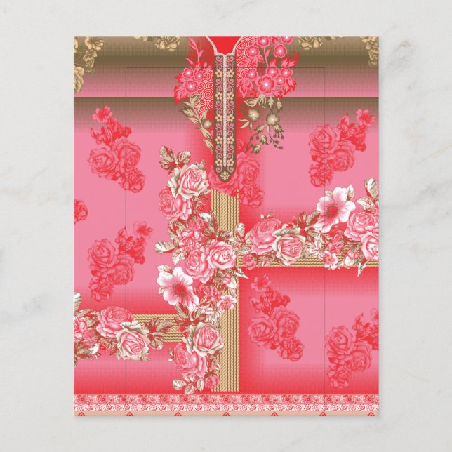 en rosa- och guld-bakgrund med röd bakgrund flygblad (Framsidan)