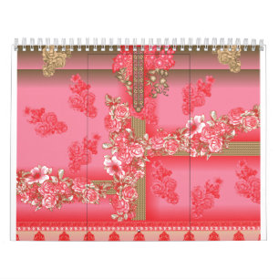en rosa- och guld-bakgrund med röd bakgrund kalender