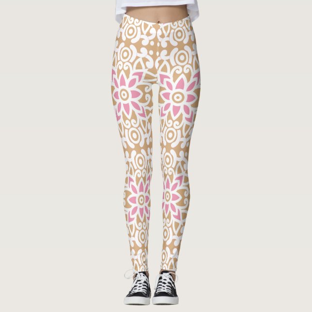 en rosa och vit blomma mönster på en bruna backgro leggings (Framsida)