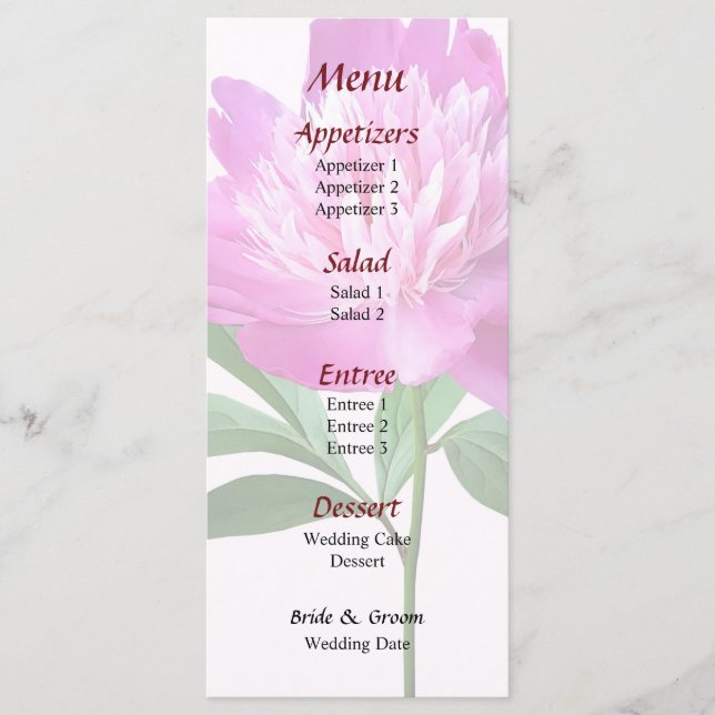 En Rosa Peony Bröllop Menu Meny (Framsida)