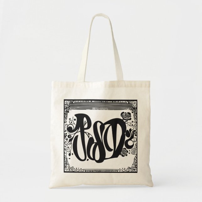 En säck med svart färgad typsnitt på den tygkasse (Framsidan)