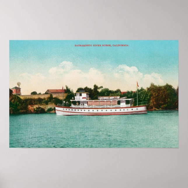 En Sacramento River Scene med Riverboat Poster (Framsidan)