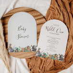 En Safari babyduscher i Vilden. Inbjudningar<br><div class="desc">En safari Baby Shower-inbjudan med en Vild Modern bågdusch med sex söta djungeldjur och en löv på en bågformad inbjudan. Baksidan av inbjudan har samma djungeldjur illustration på en mycket ljusblå bakgrund i bleken som kan ändras.</div>