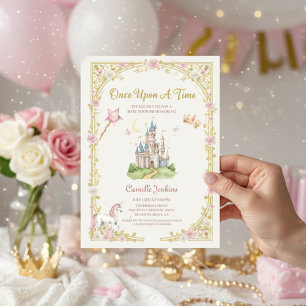 en saga om en gång ram guld baby shower inbjudningar