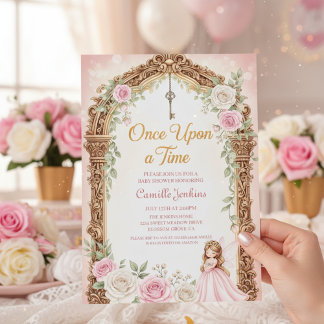 en saga om en gång ram guld baby shower inbjudningar