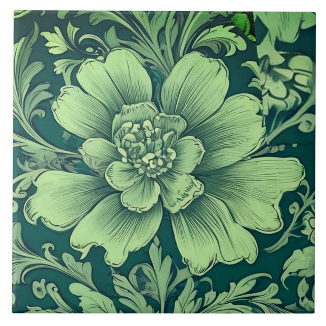En Sagegrön Vintage Blomma  Kakelplatta (Framsidan)