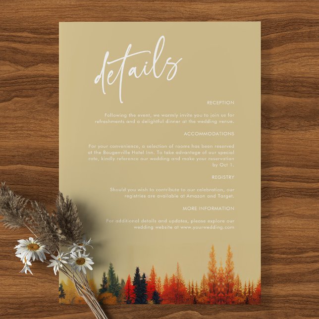 En sagolik affär: Whimsical höstbröllopsdetaljer Tilläggskort (Whimsical fall wedding details card mockup on rustic wood with autumn forest)