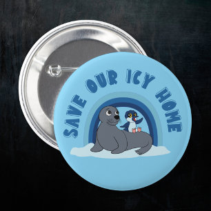 En säl och en penguin "Spara Vår Isig World"teckna Knapp