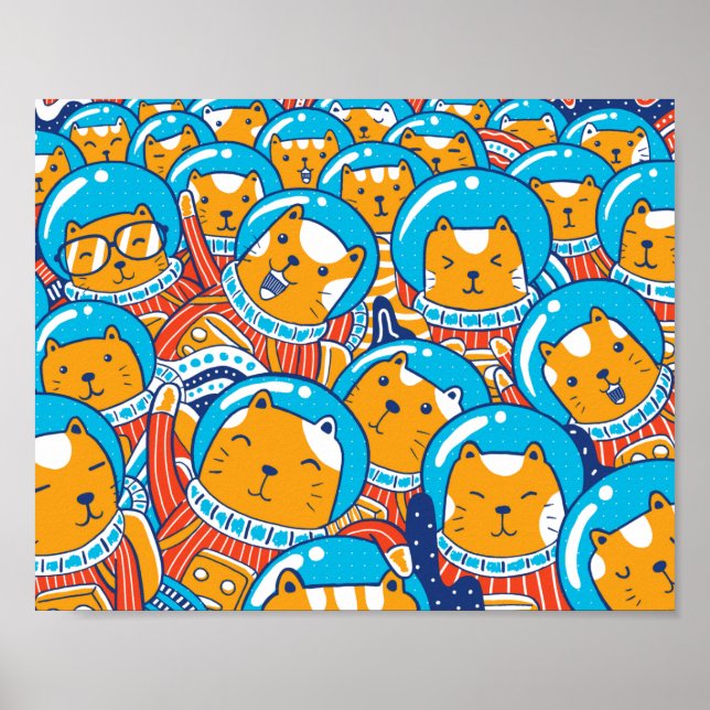 En samling av katstronauter i Cute Illustration Poster (Framsidan)