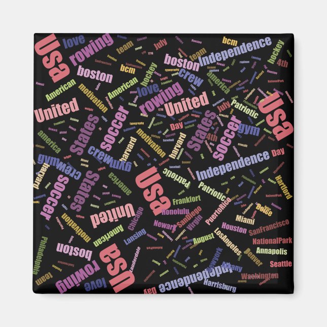 En samling färgad ord som beskriver Amerika Magnet (Framsidan)