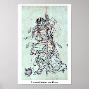 En samurai som dricker saken Ukiyoe Poster
