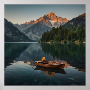 En seren och ett alpinlandskap som fångar upp sig poster