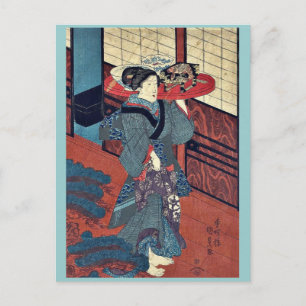 En servitris som bär en bricka av Utagawa,Kunisada Vykort