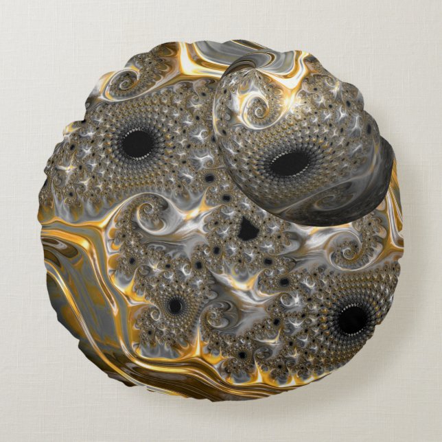 En sfärisk lastpall i Silver och Guld Rundfyllnad Rund Kudde (Framsidan)