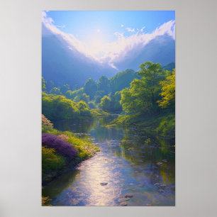 En Shallow River i hjärtat av en Grönt Forest Poster