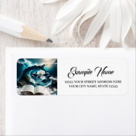 En simmande steampunk Orca i vågen. Returadress Etikett