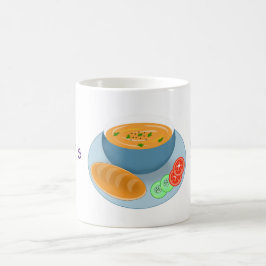 En skål middagssoppa med bröd kaffemugg