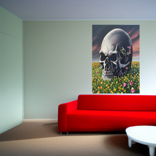 En skalle på en fält blomma AI Art Poster