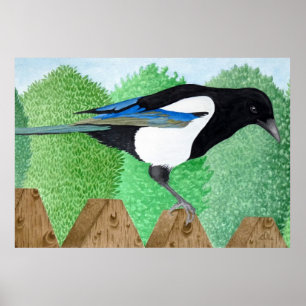 En skata perched på ett staket poster