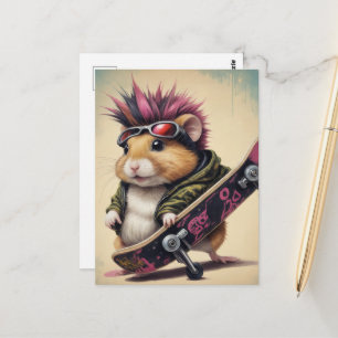 En skateboarding Punk Hamster Retro Vykort