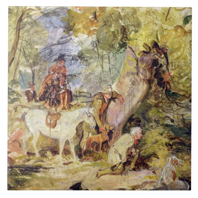 En skissa för "skogvaktare som förföljer hjortar kakelplatta (Framsidan)