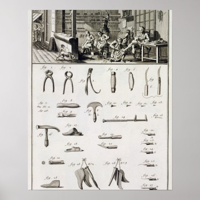 En sko och bootmakare och deras verktyg, från en poster (Framsidan)