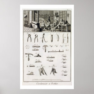 En sko och bootmakare och deras verktyg, från en poster