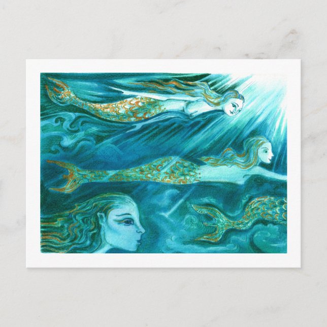 En skola sjöjungfrur simmar förbi vykort (Framsida)