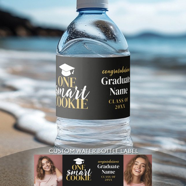 En smart cookie - svart Guld - Studenten 2-foto Vattenflaskor Etikett (Custom Graduation Water Bottle Label)