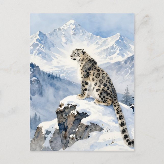 En snöleopard på en snötäckt bergstopp vykort (Framsida)
