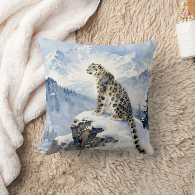 En snöleopard på snötäckt topp kudde (Filt)