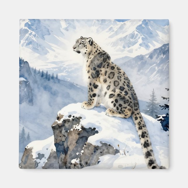 En snöleopard på snötäckt topp magnet (Framsidan)