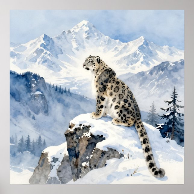 En snöleopard på snötäckt topp poster (Framsidan)