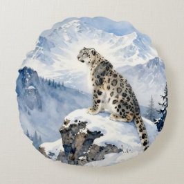 En snöleopard på snötäckt topp rund kudde