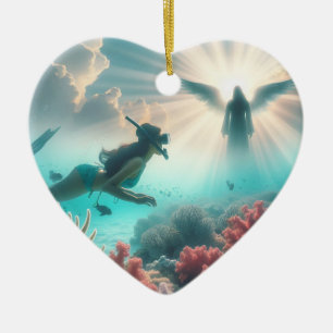 En snygg tjej hittar en ängel när hon snorklar julgransprydnad keramik