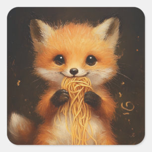 En söt baby-röd räv som äter spaghetti fyrkantigt klistermärke
