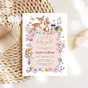 En söt babyflicka Vildblomma Fjäril Babyfirande Inbjudningar