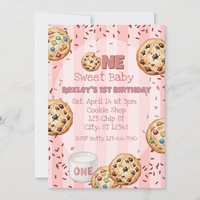 En söt bebis, Rosa kaka 1-årsdag Inbjudningar (Framsida)
