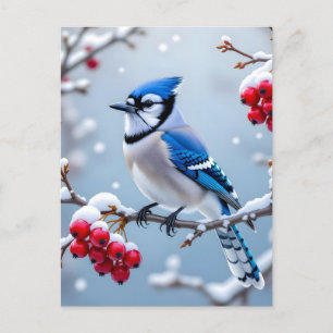 En Söt Blue Jay på en Snowy Gren-jul Helg Vykort