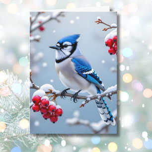 En Söt Blue Jay på en Snowy Gren-jul Kort